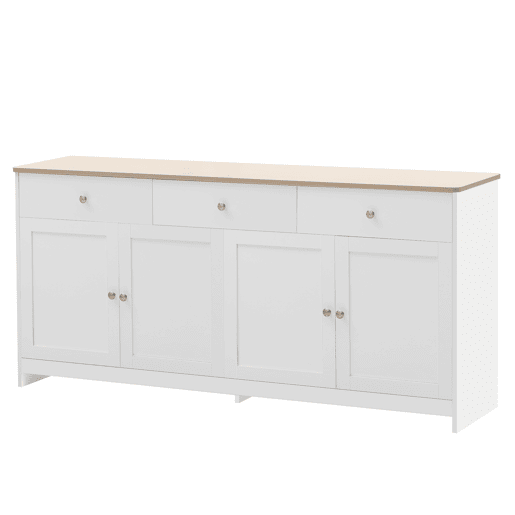 Aparador 160x37x75cm - 4 portas, 3 gavetas, design com veios de madeira branca - Madeira e Branco