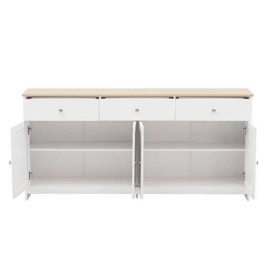 Aparador 160x37x75cm - 4 portas, 3 gavetas, design com veios de madeira branca - Madeira e Branco