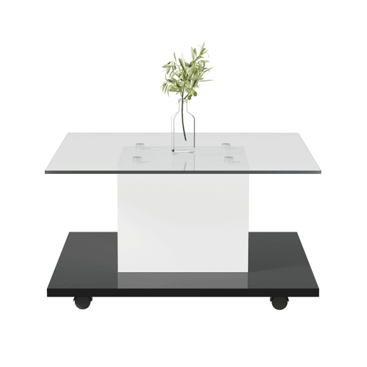 Mesa de centro - Mesa de centro em vidro de alto brilho, mesa de centro móvel com rodas giratórias - Branco+Preto