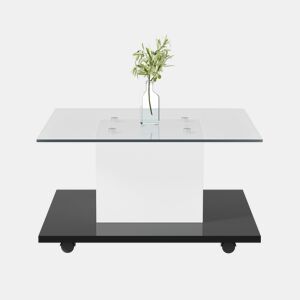 Mesa de centro - Mesa de centro em vidro de alto brilho, mesa de centro móvel com rodas giratórias - Branco+Preto