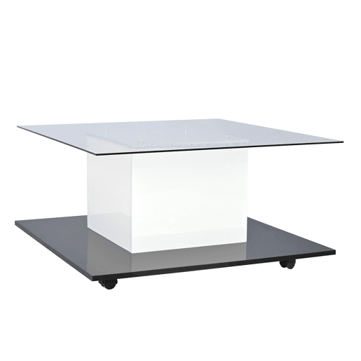Mesa de centro - Mesa de centro em vidro de alto brilho, mesa de centro móvel com rodas giratórias - Branco+Preto