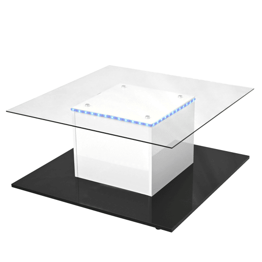 Mesa de centro - Mesa de centro em vidro de alto brilho, mesa de centro móvel com rodas giratórias - Branco+Preto