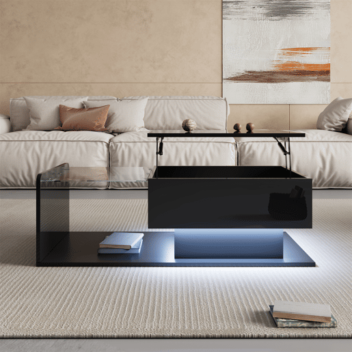 Mesa de café - Alta brilho, mesa auxiliar, mesa de café com vidro e efeito LED - Preto