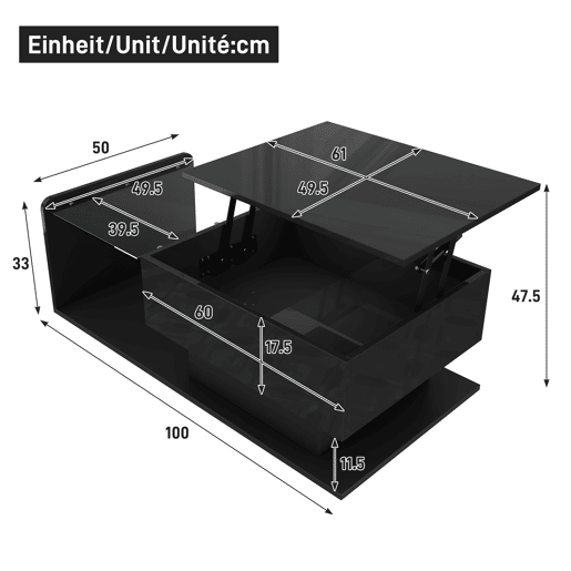 Mesa de café - Alta brilho, mesa auxiliar, mesa de café com vidro e efeito LED - Preto
