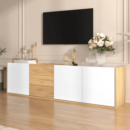 Móvel de TV - Branco e madeira - Painel inferior, opção de pendurar ou colocar no chão Móvel de TV - Branco e madeira - Painel inferior, opção de pendurar ou colocar no chão