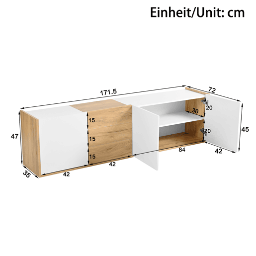 Móvel de TV - Branco e madeira - Painel inferior, opção de pendurar ou colocar no chão Móvel de TV - Branco e madeira - Painel inferior, opção de pendurar ou colocar no chão