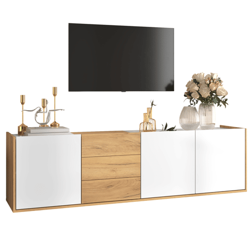 Móvel de TV - Branco e madeira - Painel inferior, opção de pendurar ou colocar no chão Móvel de TV - Branco e madeira - Painel inferior, opção de pendurar ou colocar no chão