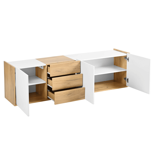 Móvel de TV - Branco e madeira - Painel inferior, opção de pendurar ou colocar no chão Móvel de TV - Branco e madeira - Painel inferior, opção de pendurar ou colocar no chão