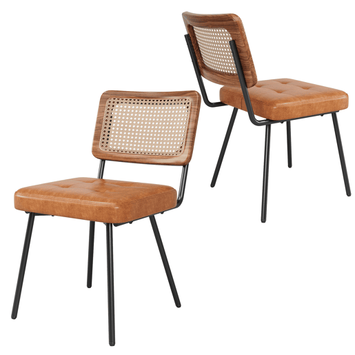 Cadeira de jantar 2 peças - Cadeira ergonómica retro - Rattan + Couro sintético - Castanho Cadeira de jantar 2 peças - Cadeira ergonómica retro - Rattan + Couro sintético - Castanho