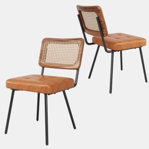 Cadeira de jantar 2 peças - Cadeira ergonómica retro - Rattan + Couro sintético - Castanho