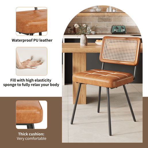 Cadeira de jantar 2 peças - Cadeira ergonómica retro - Rattan + Couro sintético - Castanho Cadeira de jantar 2 peças - Cadeira ergonómica retro - Rattan + Couro sintético - Castanho