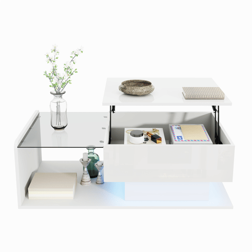 Mesa de café - Tamanho: 100x50 cm - Efeito LED, com vidro - Branco
