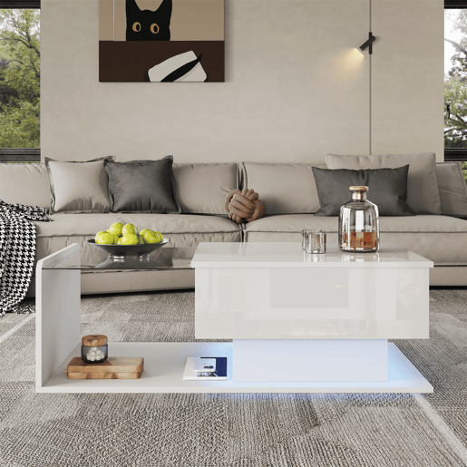 Mesa de café - Tamanho: 100x50 cm - Efeito LED, com vidro - Branco