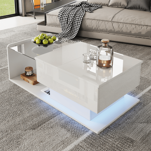 Mesa de café - Tamanho: 100x50 cm - Efeito LED, com vidro - Branco