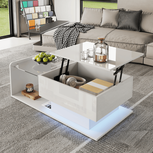 Mesa de café - Tamanho: 100x50 cm - Efeito LED, com vidro - Branco