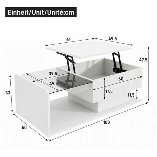 Mesa de café - Tamanho: 100x50 cm - Efeito LED, com vidro - Branco