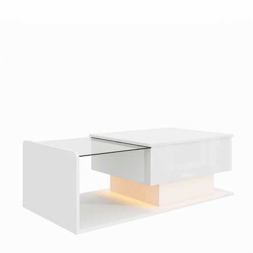 Mesa de café - Tamanho: 100x50 cm - Efeito LED, com vidro - Branco