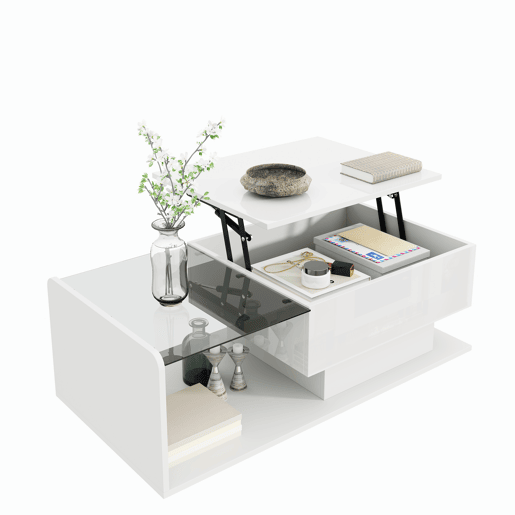 Mesa de café - Tamanho: 100x50 cm - Efeito LED, com vidro - Branco