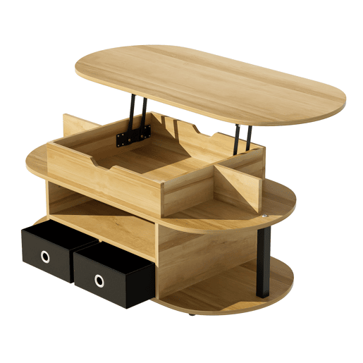Mesa de centro moderna - Função elevável, com arrumação e gavetas em tecido preto - Madeira Mesa de centro moderna - Função elevável, com arrumação e gavetas em tecido preto - Madeira