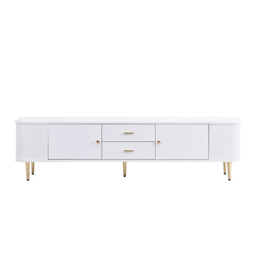 Móvel de TV 160 cm - Com gavetas, cantos arredondados, design ondulado nas laterais, puxadores e pés dourados - Branco