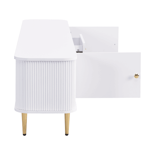 Móvel de TV 160 cm - Com gavetas, cantos arredondados, design ondulado nas laterais, puxadores e pés dourados - Branco