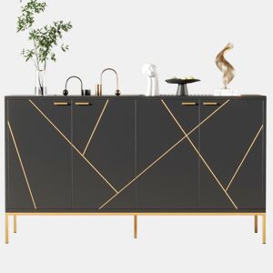 Aparador 150x40x80 cm - com 4 portas, pés metálicos, design reto com decoração de linhas metálicas - Preto+Dourado