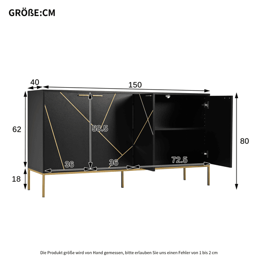 Aparador 150x40x80 cm - com 4 portas, pés metálicos, design reto com decoração de linhas metálicas - Preto+Dourado