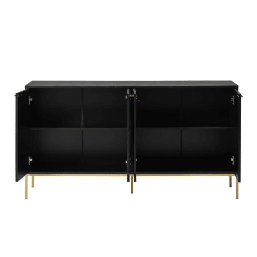 Aparador 150x40x80 cm - com 4 portas, pés metálicos, design reto com decoração de linhas metálicas - Preto+Dourado