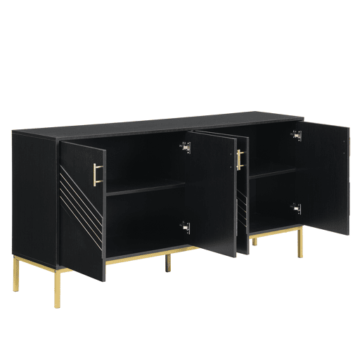 Aparador moderno - com 4 portas, prateleiras ajustáveis e grande capacidade, design elegante em MDF com pés metálicos - preto e dourado