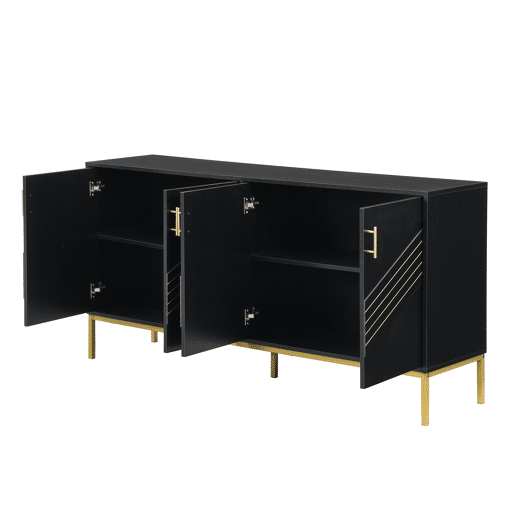 Aparador moderno - com 4 portas, prateleiras ajustáveis e grande capacidade, design elegante em MDF com pés metálicos - preto e dourado
