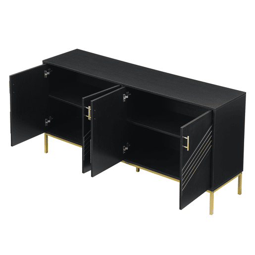 Aparador moderno - com 4 portas, prateleiras ajustáveis e grande capacidade, design elegante em MDF com pés metálicos - preto e dourado