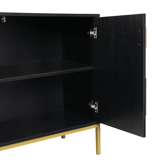 Aparador moderno - com 4 portas, prateleiras ajustáveis e grande capacidade, design elegante em MDF com pés metálicos - preto e dourado