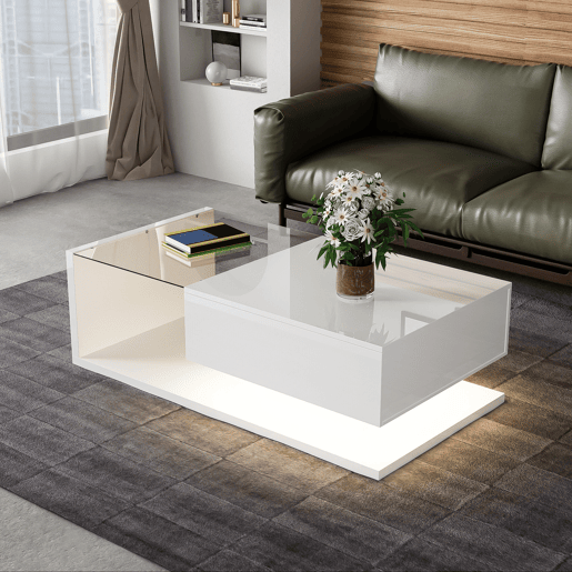 Mesa de centro 105x55x32,5 cm - Com vidro e efeito LED - Branco Mesa de centro 105x55x32,5 cm - Com vidro e efeito LED - Branco