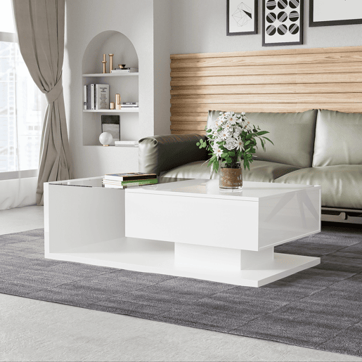 Mesa de centro 105x55x32,5 cm - Com vidro e efeito LED - Branco Mesa de centro 105x55x32,5 cm - Com vidro e efeito LED - Branco