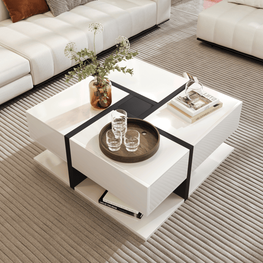 Mesa de centro Hochglanz 78x78x36cm - Com 4 gavetas, design linear e arrumação inferior - Cor única