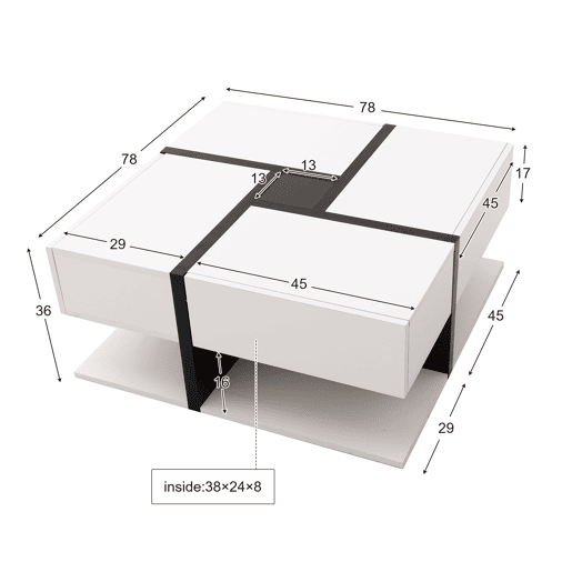 Mesa de centro Hochglanz 78x78x36cm - Com 4 gavetas, design linear e arrumação inferior - Cor única