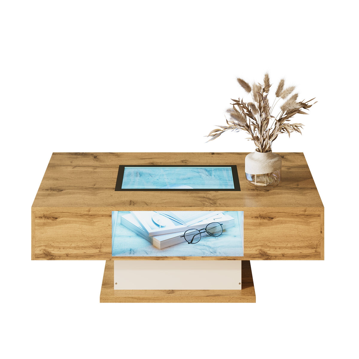 mesa de centro - con led de cambio de color con vidrio mesa auxiliar con dos cajones - natural