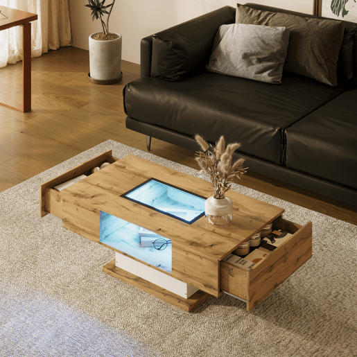 Mesa de centro - com LED que muda de cor, com vidro, mesa auxiliar com duas gavetas - Natural