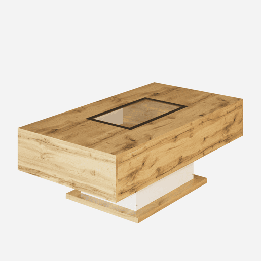Mesa de centro - com LED que muda de cor, com vidro, mesa auxiliar com duas gavetas - Natural