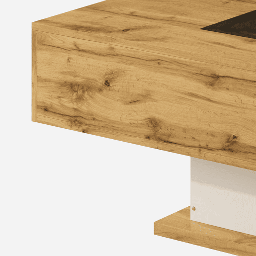 Mesa de centro - com LED que muda de cor, com vidro, mesa auxiliar com duas gavetas - Natural