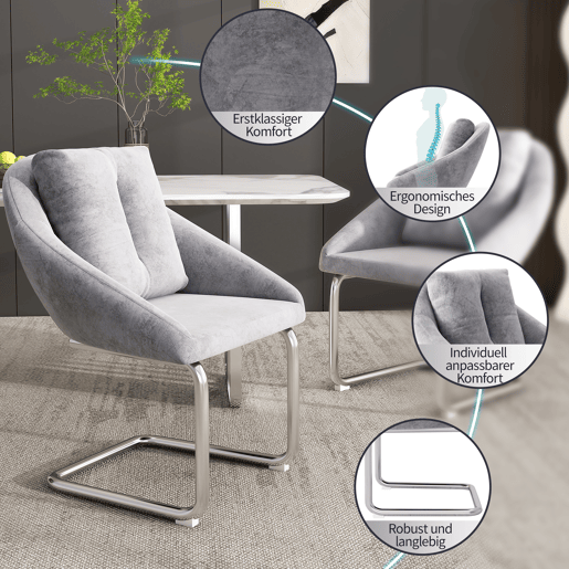 Cadeira de jantar em veludo + 2 peças - Cadeira giratória luxuosa com almofada - Cinza