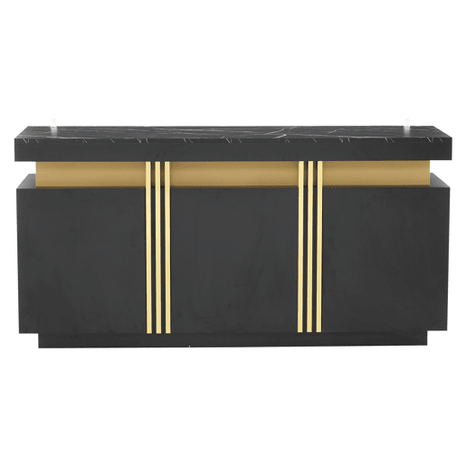 Móvel auxiliar 140x38x70 cm - 3 portas, divisórias ajustáveis, para cozinha, sala, sala de jantar, corredor - Preto e dourado