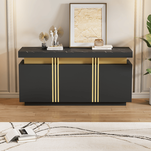 Móvel auxiliar 140x38x70 cm - 3 portas, divisórias ajustáveis, para cozinha, sala, sala de jantar, corredor - Preto e dourado