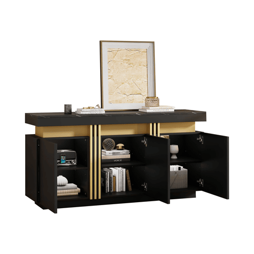 Móvel auxiliar 140x38x70 cm - 3 portas, divisórias ajustáveis, para cozinha, sala, sala de jantar, corredor - Preto e dourado