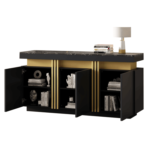 Móvel auxiliar 140x38x70 cm - 3 portas, divisórias ajustáveis, para cozinha, sala, sala de jantar, corredor - Preto e dourado