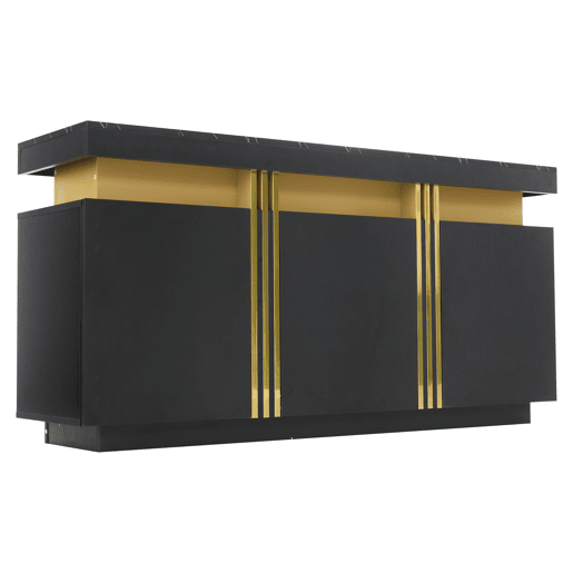 Móvel auxiliar 140x38x70 cm - 3 portas, divisórias ajustáveis, para cozinha, sala, sala de jantar, corredor - Preto e dourado
