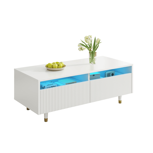 Mesa de centro LED moderna - tampo ondulado, 2 gavetas, luzes LED mutáveis - dourado-branco