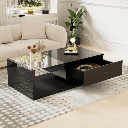 Mesa de centro - Características de alto brilho, com vidro e efeito LED - Preto