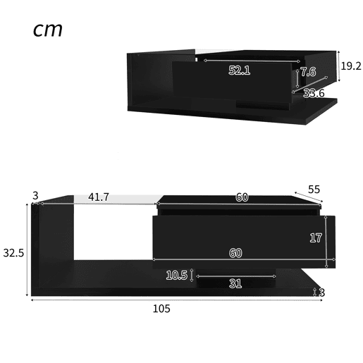 Mesa de centro - Características de alto brilho, com vidro e efeito LED - Preto