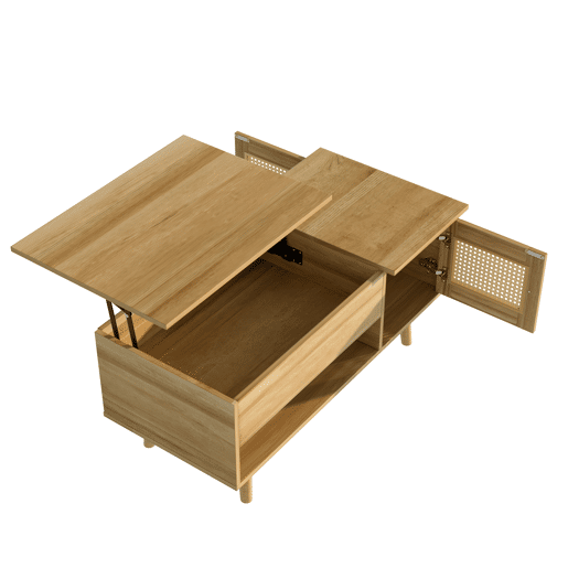Mesa de centro elegante - Superfície elevável, portas em rattan, cor madeira com detalhes em preto - Ideal para sala de estar